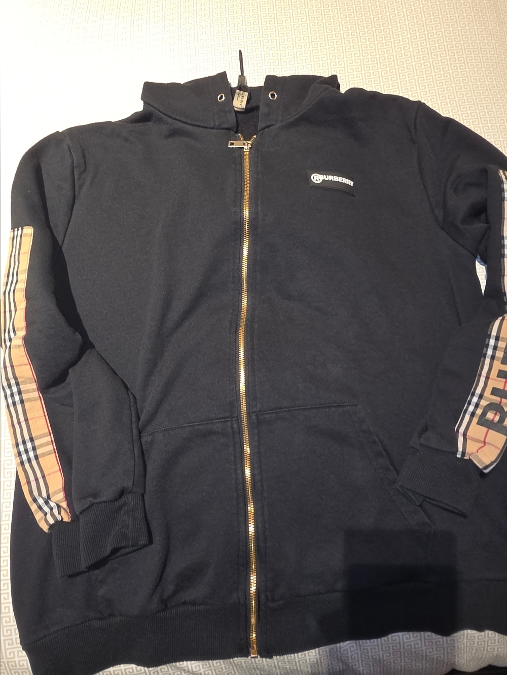 Burberry Black Zip-Up Hoodie with Vintage Check Trim